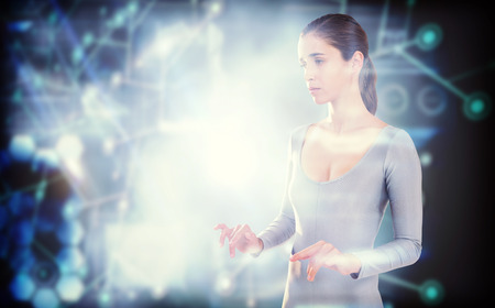 3D Thoughtful woman standing against white background against black background with glowing networkの写真素材