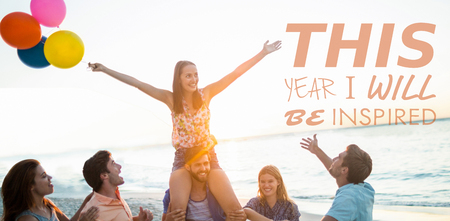 this year i will be inspired against happy friends at beach