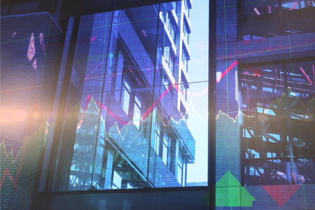 3D Stocks and shares against exterior of modern building
