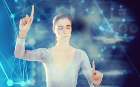 3D Confident woman gesturing against futuristic black backgroundの写真素材