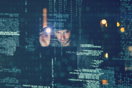 3D Hacker using laptop in dark room