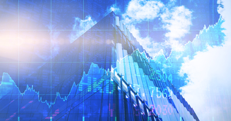 3D Stocks and shares against low angle view of office building on sunny day 3D Stocks and shares against low angle view of office building on sunny day