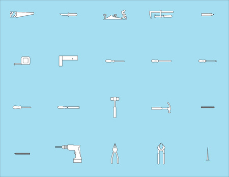 Vector icon set for carpentry tools and equipment on blue backgroundのイラスト素材