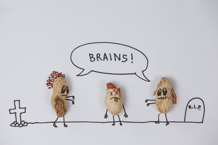 Conceptual image of two zombie  figurines getting tempted towards the brain of  broken head figurineの写真素材
