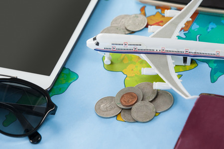 Close-up of holiday and tourism conceptual image with travel accessories