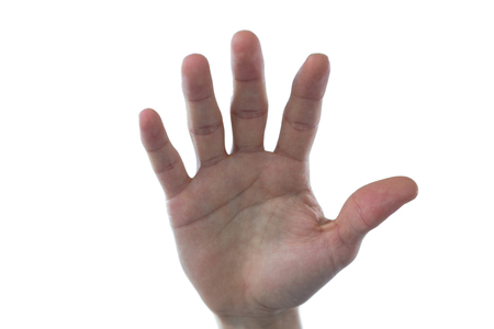 Hand of man pretending to touch an invisible screen against white backgroundの写真素材