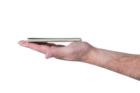 Man holding mobile phone against white backgroundの写真素材