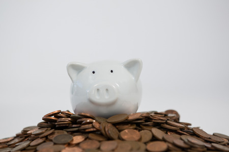 Piggy bank with stack of coins on white backgroundの写真素材