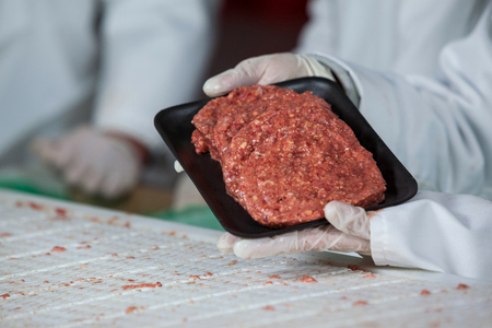 Close-up of butcher holding raw meat patties arranged in tray at meat factoryの写真素材