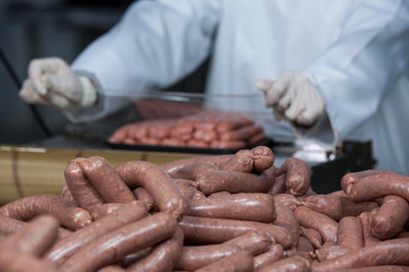 Close-up of butcher packing raw sausages at meat factoryの写真素材