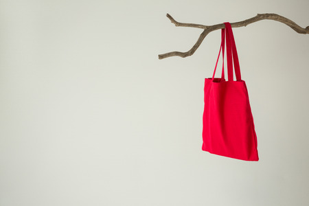 Red bag hanging on a tree branch against white backgroundの写真素材