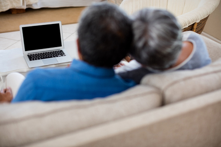 Rear view of senior couple looking at the laptopの写真素材