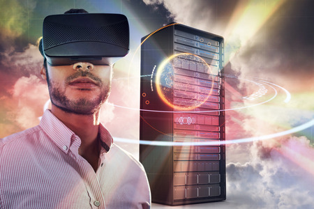Portrait of businessman holding virtual glasses against digital image of planet with light trail 3d
