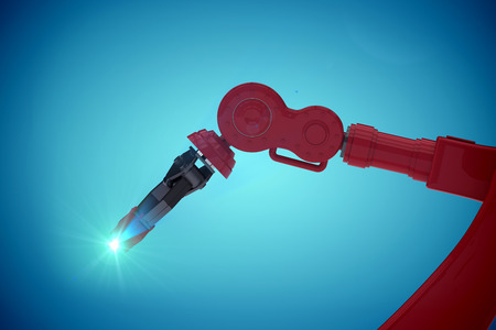 Close-up of red robot claw against blue vignette background 3dの写真素材