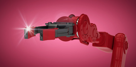 Red robot arm with black claw against red vignette 3dの写真素材