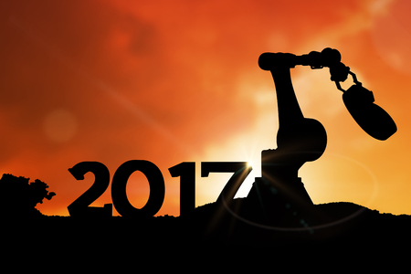 Digital image of robotic hand holding red number against landscape with sunset 3d