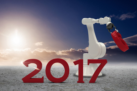 Robotic hand holding red number against a beautiful sunset on a beach 3d