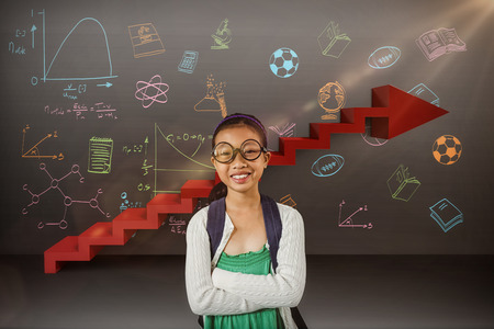 Girl smiling while standing with arms crossed against digitally generated image of steps moving upの写真素材