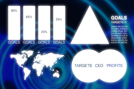 Graphic image of business presentation with charts and map against blue spiral with bright lightの写真素材