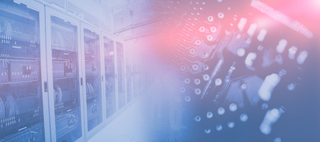 Image of a data center against blue printed circuit board 3d