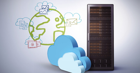 Digitally generated image of cloud shapes  against composite image of cloud computing doodle 3d