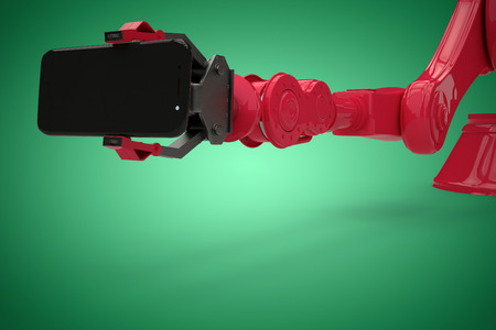 Digital generated image of robot showing mobile phone against green vignette 3dの写真素材