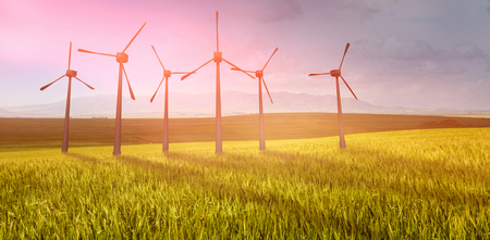 Windmills side by side against white background against green beautiful wheat field 3d