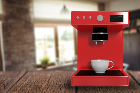 Red coffee maker against empty chairs and tables 3dの写真素材