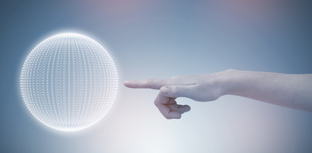 Close-up of cropped hand pointing on white background against grey vignette 3dの写真素材