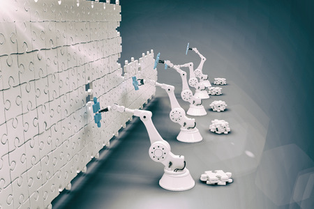 High angle view of robotic hands arranging jigsaw pieces on puzzle against purple vignette 3dの写真素材