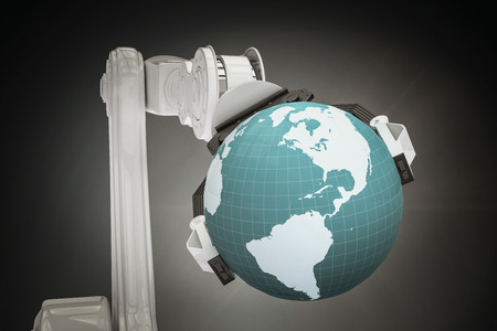 Graphic image of machine holding globe against blue vignette background 3dの写真素材