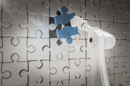 Close up of robotic arm putting blue jigsaw piece on puzzle against purple vignette 3dの写真素材