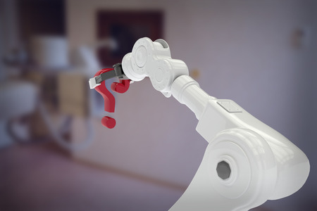 White robotic arm holding question mark against modern examination room 3dの写真素材
