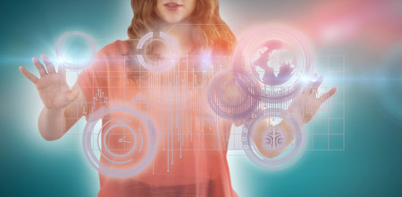 Midsection of young woman with brown hair gesturing against blue vignette backgroundの写真素材