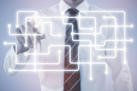 Midsection of man pointing against purple backgroundの写真素材