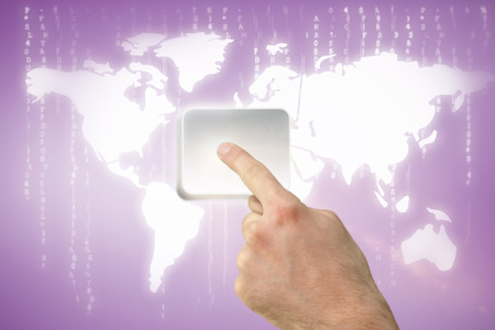 Hand pointing against purple vignette