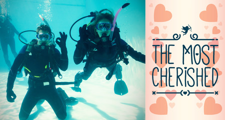 Composite image of couple doing snorkelling against backgrounds workingの写真素材