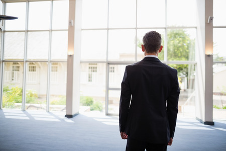 Rear view of a businessman standing in conference centreの写真素材
