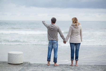 Rear view of couple standing with holding hands on the beachの写真素材
