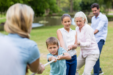 Multi-generation family pulling a rope in tug of war in parkの写真素材