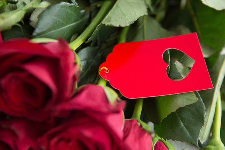 Bunch of red roses with tag on white backgroundの写真素材