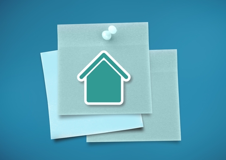 Digital composite of Sticky Note with home icon against neutral blue backgroundの写真素材