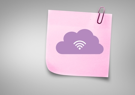 Digital composite of Sticky Note with Cloud Wifi Icon against neutral grey backgroundの写真素材