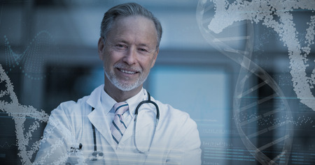 Panoramic view of helix pattern information on device screen against portrait of male surgeon standing with arms crossedの写真素材