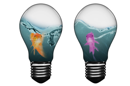 3D Empty light bulb against goldfish swimming with mouth open against white screenの写真素材