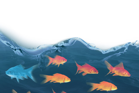 3D Side view of fish swimming against digital composite image of seaの写真素材