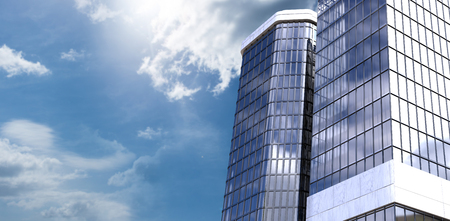 3d Low angle view of corporate building against view of blue sky and cloud