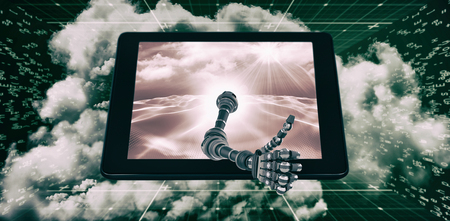 3D Robotic hand showing thumbs up against digitally generated binary code landscape