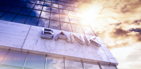 3d Low angle view of bank text building against view of blue sky and cloudの写真素材