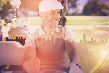 Picture of city by sunrise against cheerful golfer driving cartの写真素材